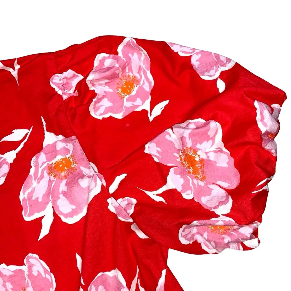 Old Navy Floral Wrap Blouse Puff Sleeves Large Red Cotton Lightweight V Neck